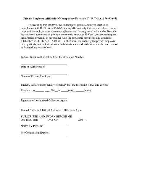 First page of the Private Employer Affidavit of Compliance (E-Verify) - Business