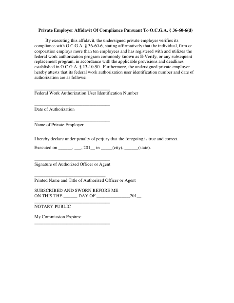 First page of the Private Employer Affidavit of Compliance (E-Verify) - Business