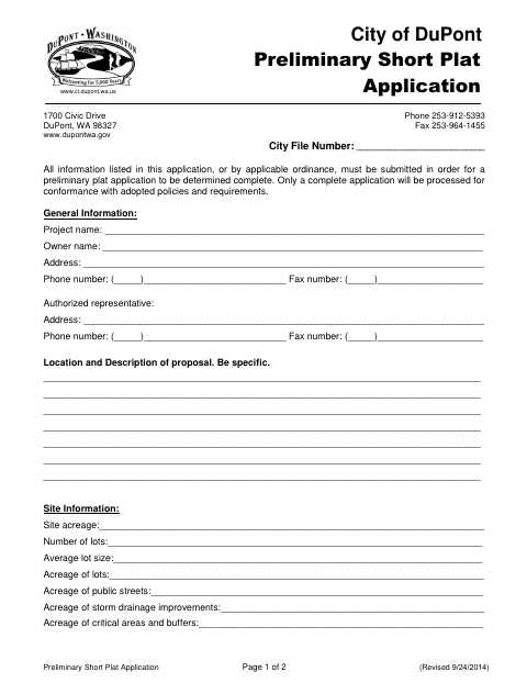 First page of the Preliminary Short Plat Application