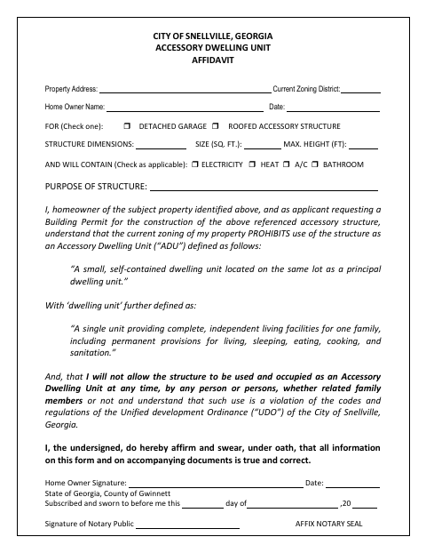 First page of the Accessory Dwelling Unit Affidavit