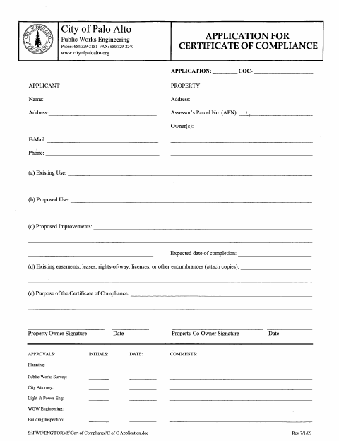 First page of the Application for Certificate of Compliance