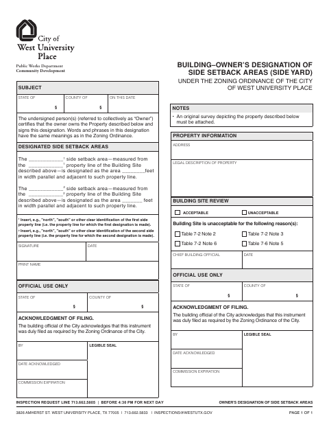 First page of the Owner’s Designation of Side Setback Areas