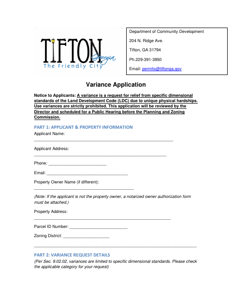 First page of the Variance Application