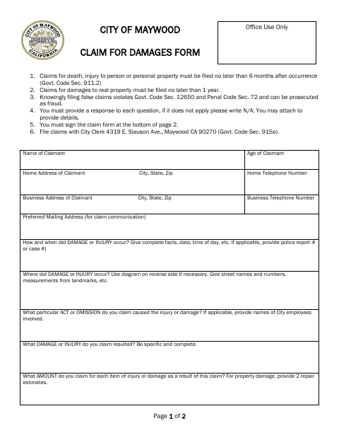 First page of the Claim For Damages Form