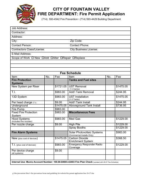First page of the Fire Permit Application