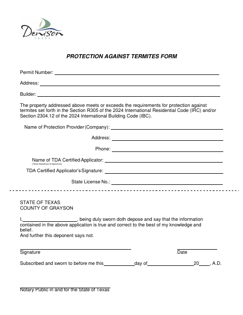First page of the Protection Against Termites Form