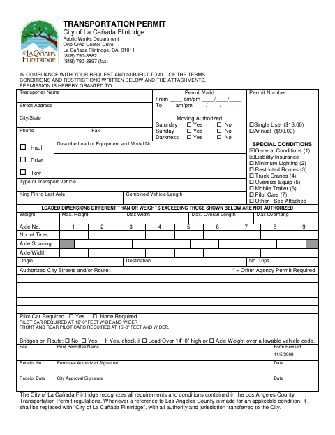 First page of the Transportation Permit