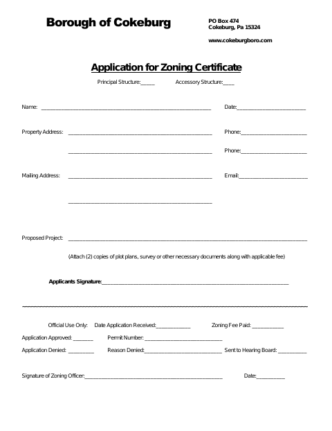 First page of the Application for Zoning Certificate