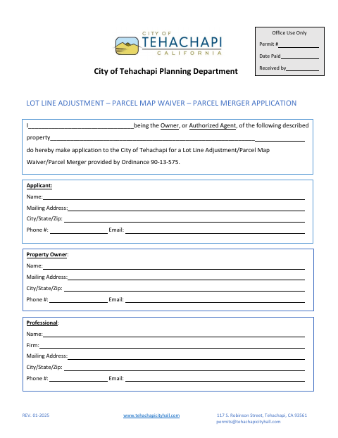 First page of the Lot Line Adjustment – Parcel Map Waiver – Parcel Merger Application