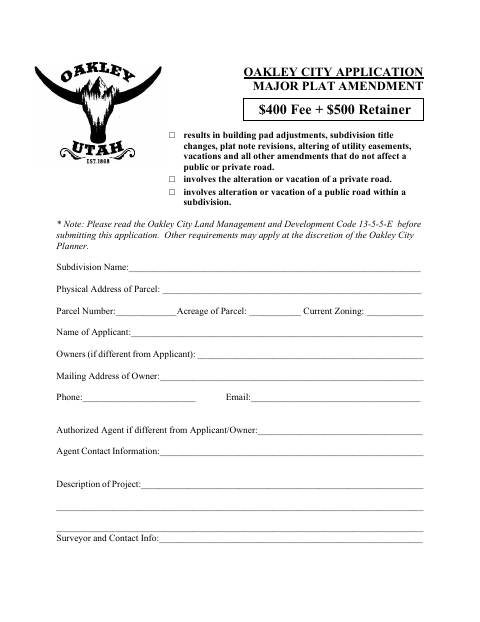 First page of the Major Plat Amendment Application