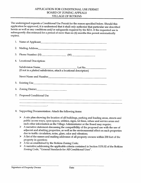 First page of the Board of Zoning Appeals Conditional Use Permit Application