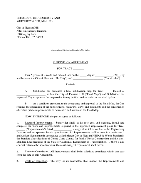 First page of the Subdivision Agreement