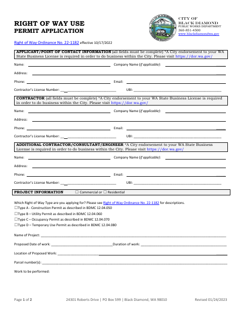 First page of the Right of Way Use Permit Application