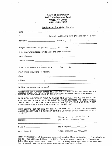 First page of the Application for Water Service