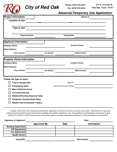 First page of the Seasonal/Temporary Use Application