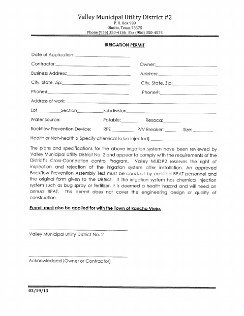 First page of the Irrigation Permit