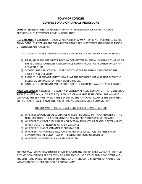 First page of the Zoning Board of Appeals Procedure and Application