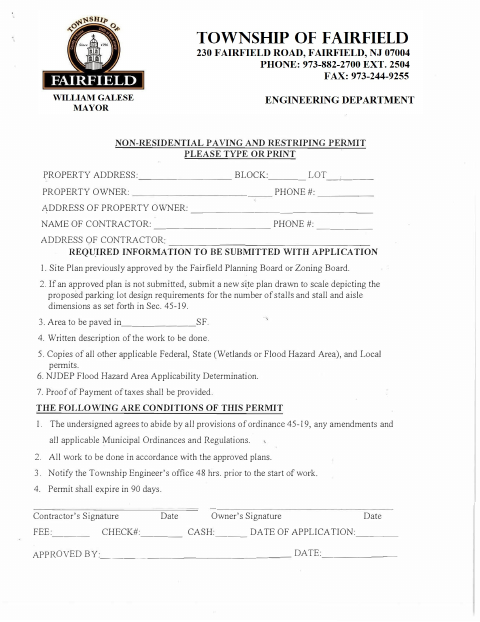 First page of the Non-Residential Paving and Restriping Permit