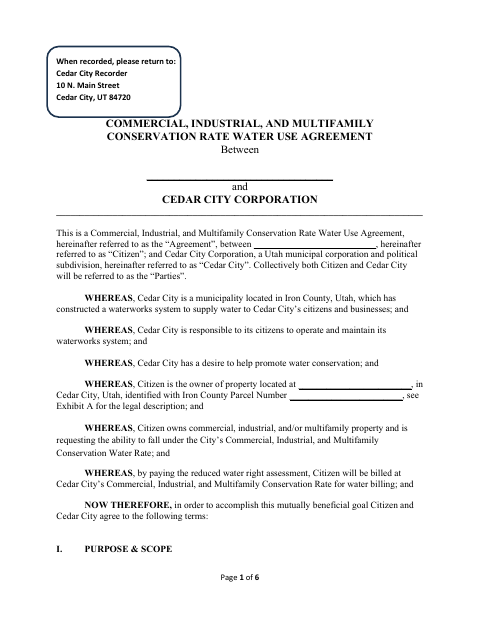 First page of the Commercial, Industrial, and Multifamily Conservation Rate Water Use Agreement