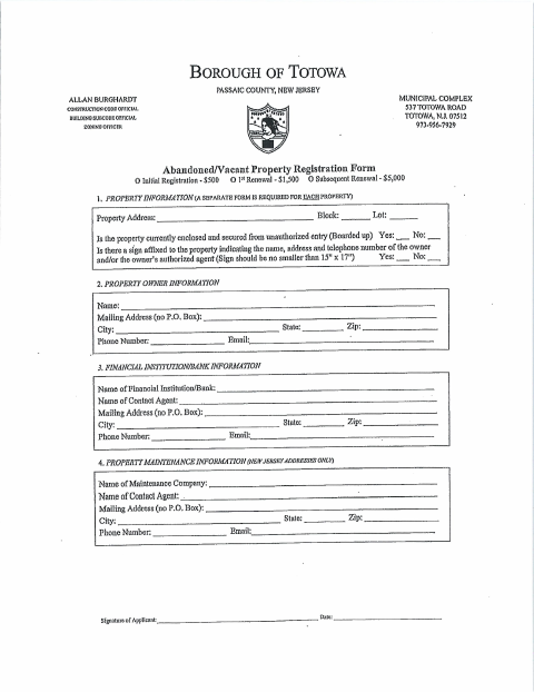First page of the Abandoned Vacant Property Registration
