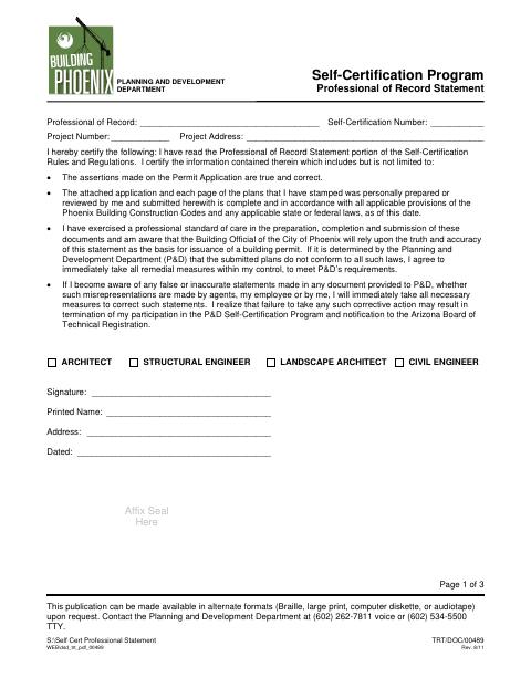 First page of the Self-Certification Program Professional of Record Statement
