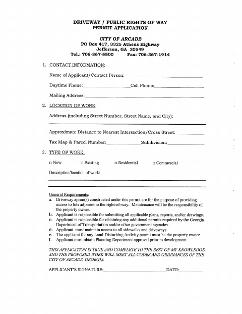 First page of the Driveway Public Rights of Way Permit Application