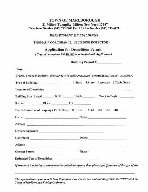 First page of the Application for Demolition Permit