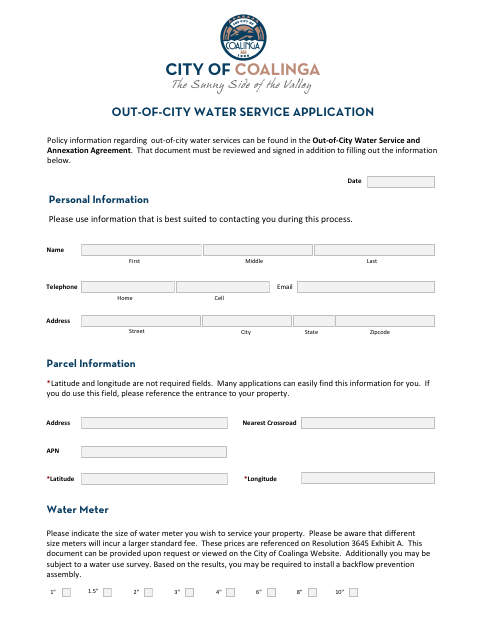 First page of the Out-of-City Water Service Application