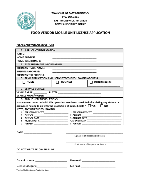 First page of the Food Vendor Mobile Unit License Application