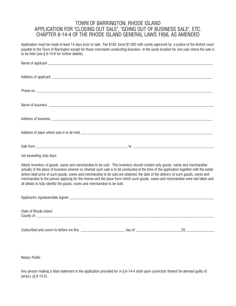 First page of the Going Out of Business Sale Application