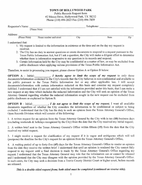 First page of the Public Records Request Form