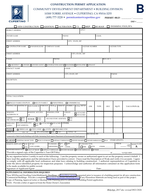 First page of the Building Construction Permit Application