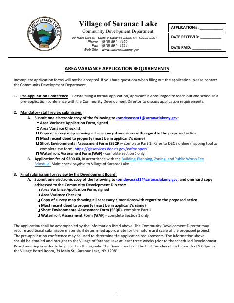 First page of the Area Variance Application