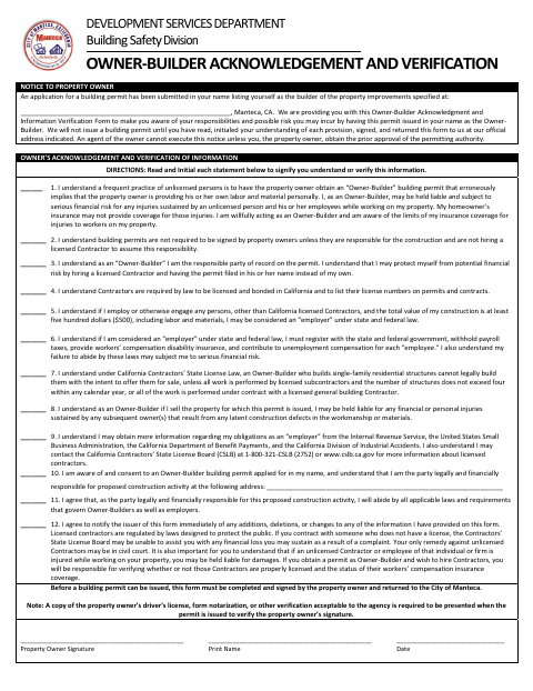 First page of the Owner-Builder Acknowledgement and Verification