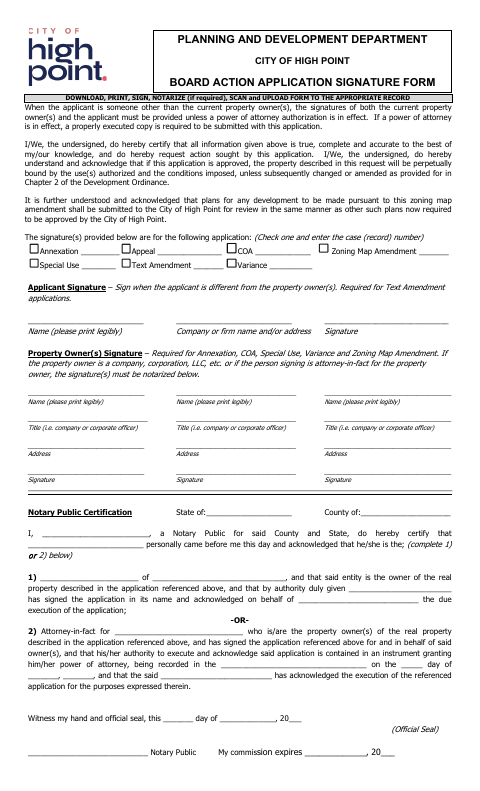 First page of the Board Action Application Signature Form
