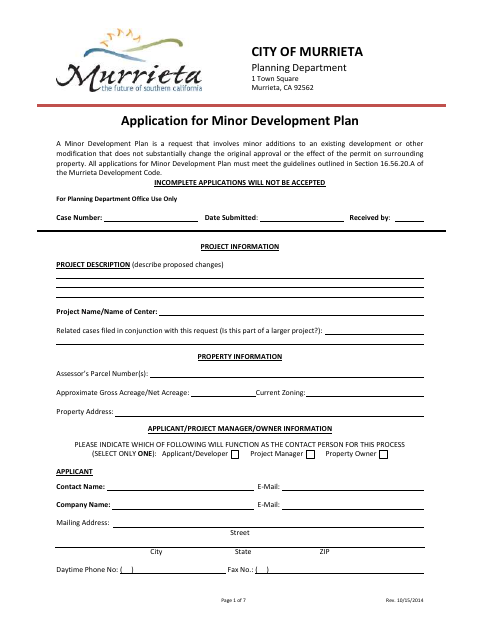 First page of the Application for Minor Development Plan