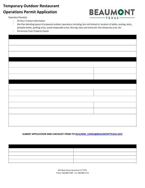 First page of the Temporary Outdoor Restaurant Operations Permit Application