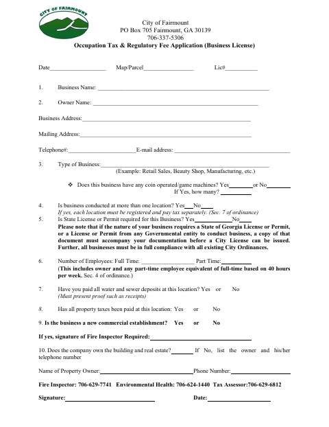 First page of the Occupation Tax and Business License Application