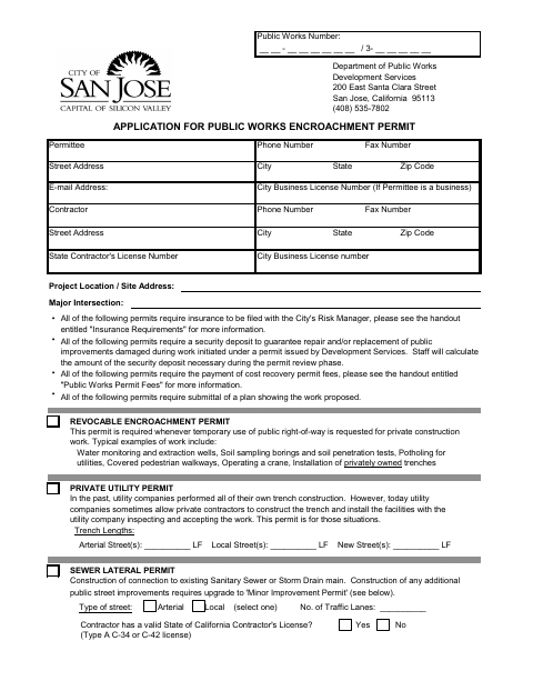 First page of the Application for Public Works Encroachment Permit