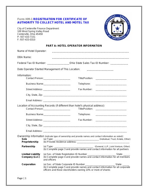 First page of the Registration for Certificate of Authority to Collect Hotel and Motel Tax
