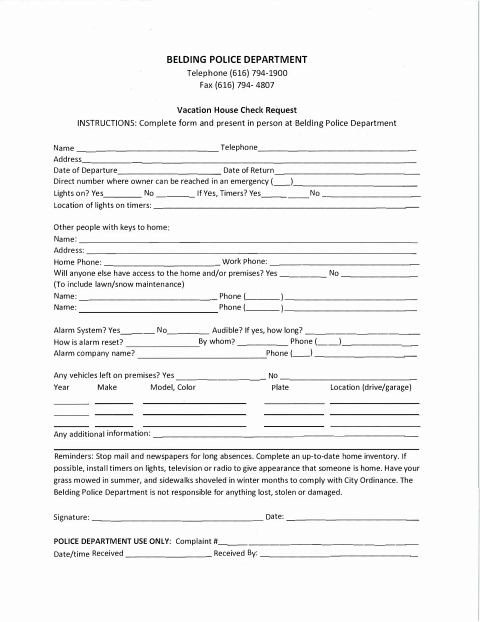 First page of the Vacation House Check Request