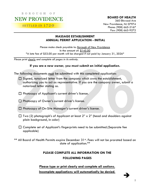 First page of the Massage Establishment Initial Permit Application