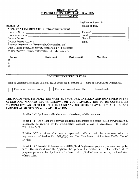 First page of the Right of Way Construction Permit Application