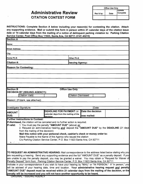 First page of the Citation Contest Form