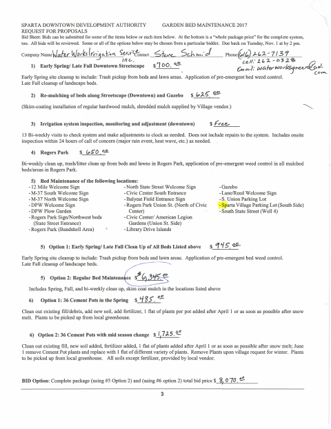 First page of the Garden Bed Maintenance Request for Proposals Bid Sheet