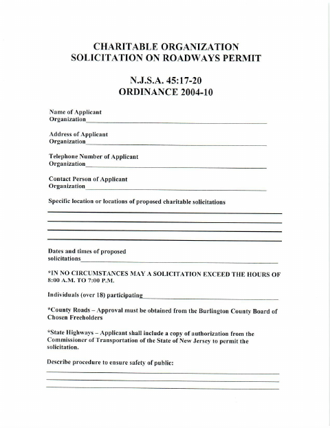 First page of the Charitable Organization Solicitation on Roadways Permit