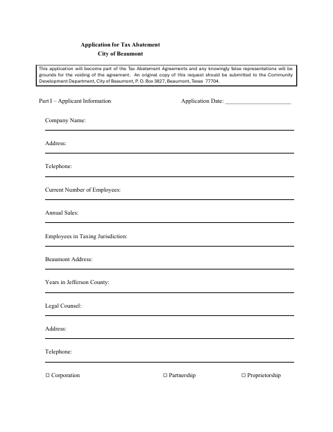 First page of the Application for Tax Abatement