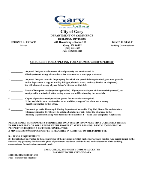 First page of the Homeowner’s Permit Checklist and Application
