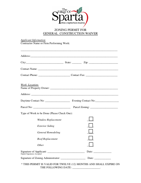 First page of the Zoning Permit for General Construction Waiver