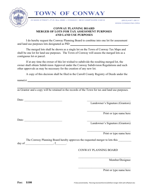 First page of the Merger of Lots for Tax Assessment and Land Use Purposes